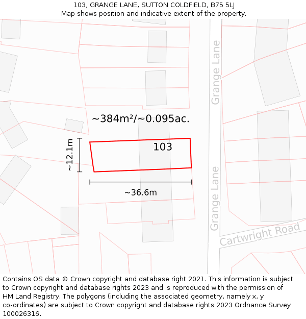 103, GRANGE LANE, SUTTON COLDFIELD, B75 5LJ: Plot and title map
