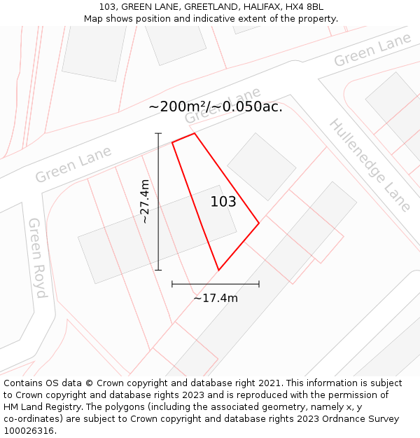 103, GREEN LANE, GREETLAND, HALIFAX, HX4 8BL: Plot and title map