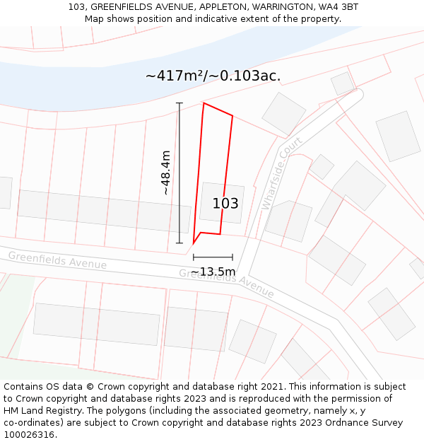 103, GREENFIELDS AVENUE, APPLETON, WARRINGTON, WA4 3BT: Plot and title map