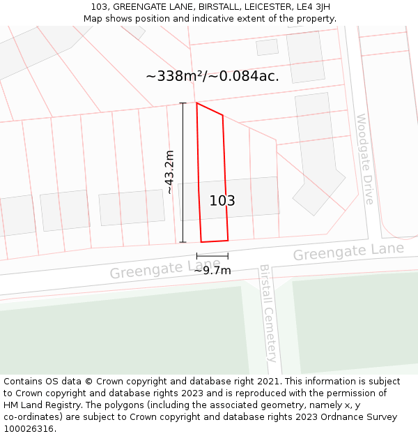 103, GREENGATE LANE, BIRSTALL, LEICESTER, LE4 3JH: Plot and title map