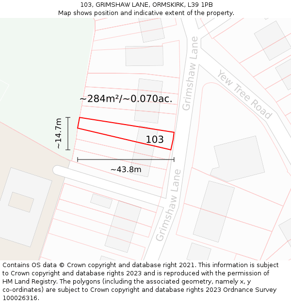 103, GRIMSHAW LANE, ORMSKIRK, L39 1PB: Plot and title map