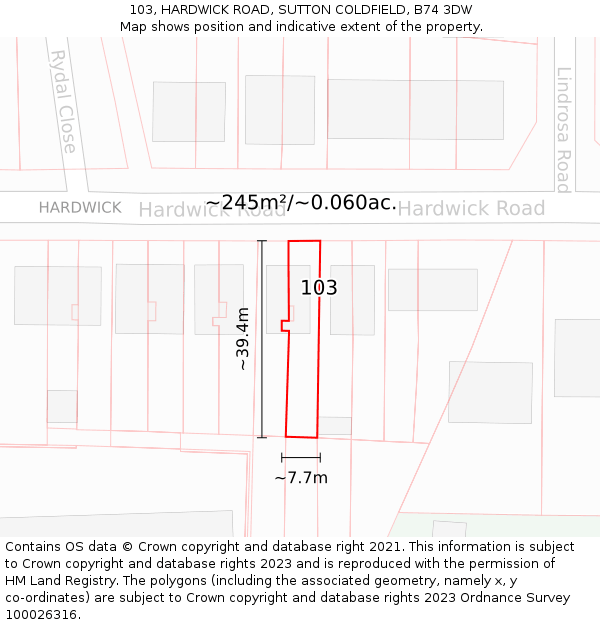 103, HARDWICK ROAD, SUTTON COLDFIELD, B74 3DW: Plot and title map
