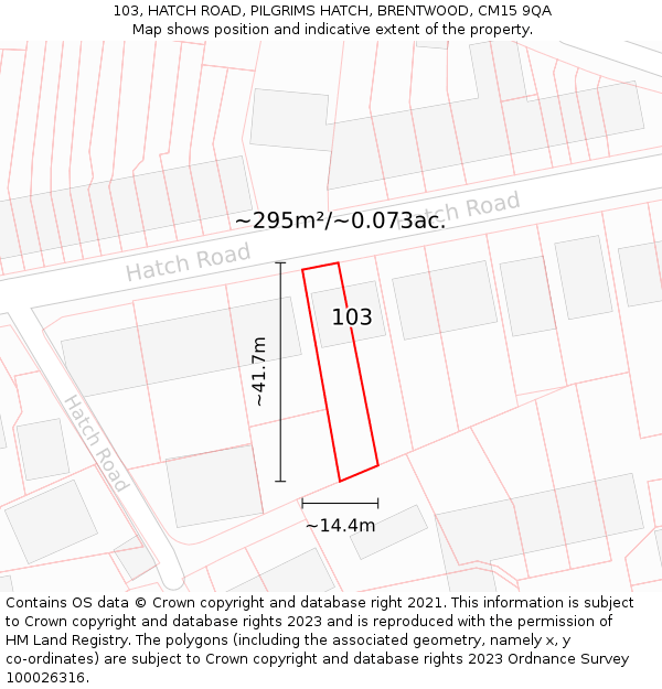 103, HATCH ROAD, PILGRIMS HATCH, BRENTWOOD, CM15 9QA: Plot and title map