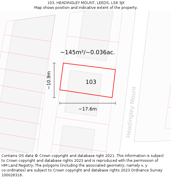 103, HEADINGLEY MOUNT, LEEDS, LS6 3JX: Plot and title map
