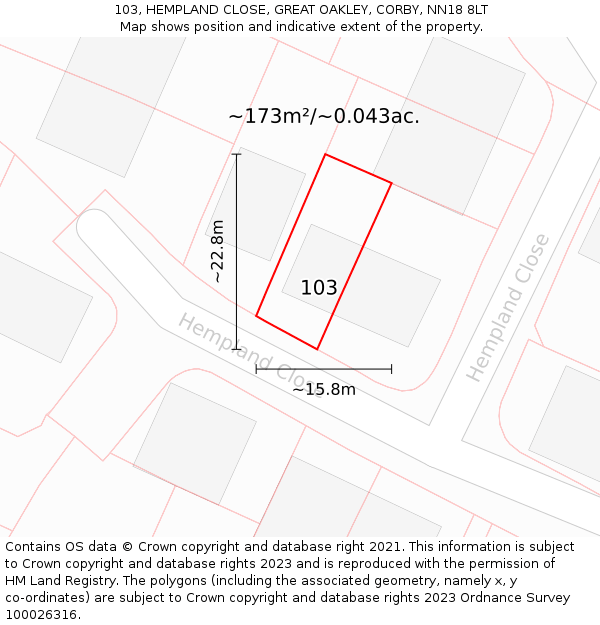 103, HEMPLAND CLOSE, GREAT OAKLEY, CORBY, NN18 8LT: Plot and title map