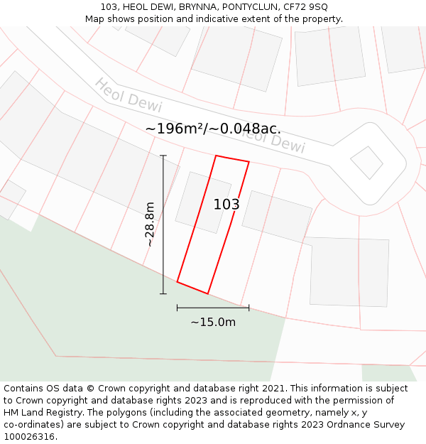 103, HEOL DEWI, BRYNNA, PONTYCLUN, CF72 9SQ: Plot and title map