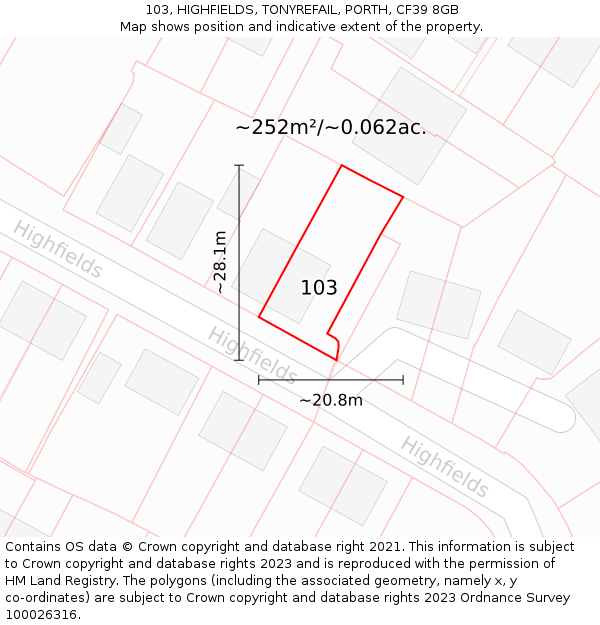 103, HIGHFIELDS, TONYREFAIL, PORTH, CF39 8GB: Plot and title map
