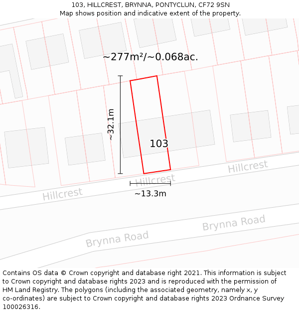 103, HILLCREST, BRYNNA, PONTYCLUN, CF72 9SN: Plot and title map