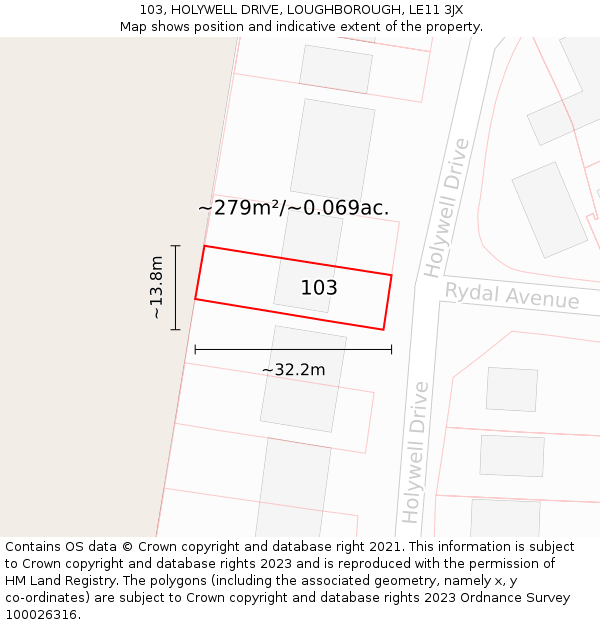 103, HOLYWELL DRIVE, LOUGHBOROUGH, LE11 3JX: Plot and title map