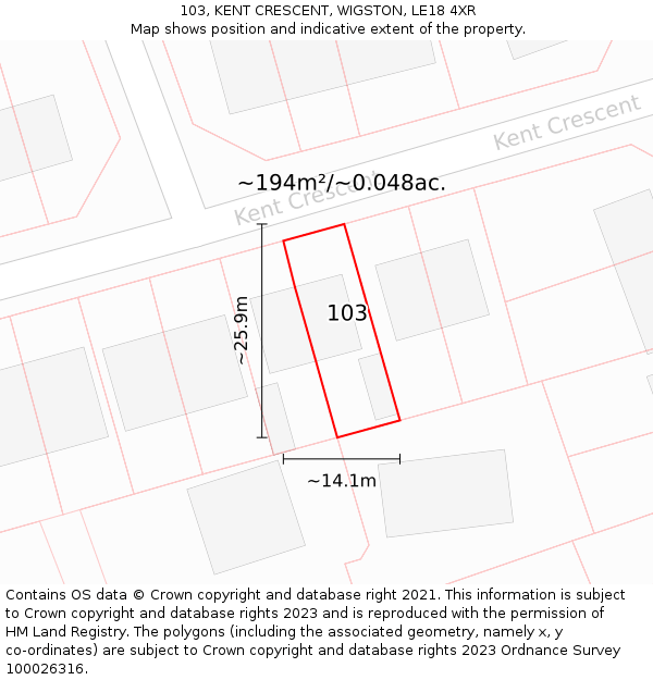 103, KENT CRESCENT, WIGSTON, LE18 4XR: Plot and title map