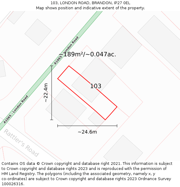 103, LONDON ROAD, BRANDON, IP27 0EL: Plot and title map