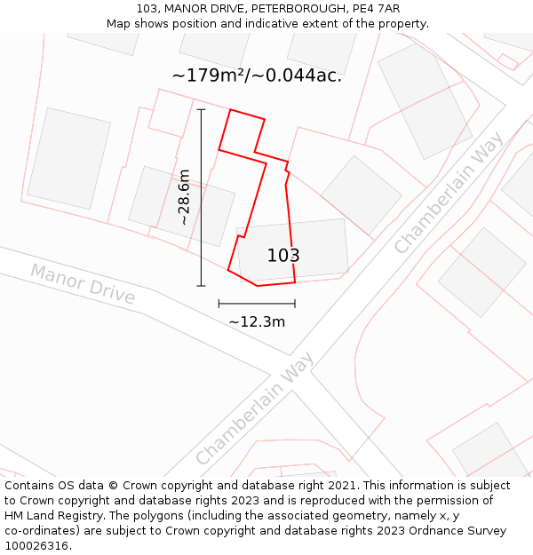103, MANOR DRIVE, PETERBOROUGH, PE4 7AR: Plot and title map