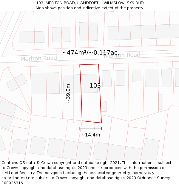 103, MERITON ROAD, HANDFORTH, WILMSLOW, SK9 3HD: Plot and title map