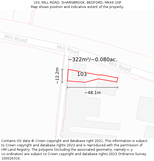 103, MILL ROAD, SHARNBROOK, BEDFORD, MK44 1NP: Plot and title map