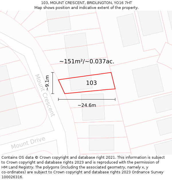 103, MOUNT CRESCENT, BRIDLINGTON, YO16 7HT: Plot and title map