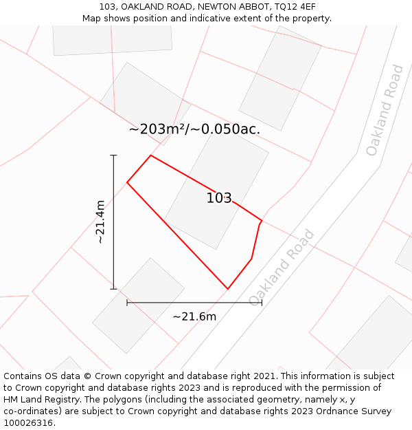 103, OAKLAND ROAD, NEWTON ABBOT, TQ12 4EF: Plot and title map
