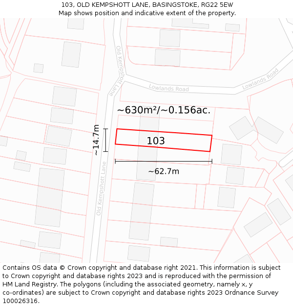 103, OLD KEMPSHOTT LANE, BASINGSTOKE, RG22 5EW: Plot and title map