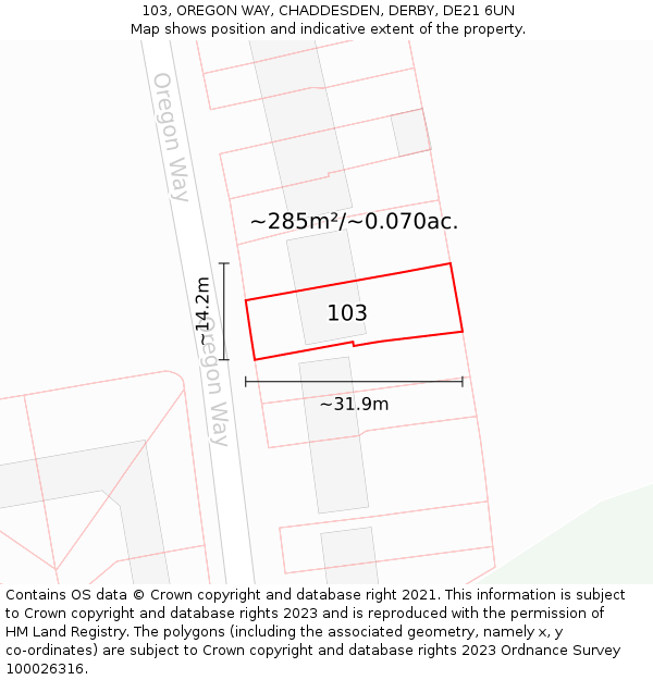 103, OREGON WAY, CHADDESDEN, DERBY, DE21 6UN: Plot and title map