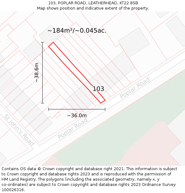 103, POPLAR ROAD, LEATHERHEAD, KT22 8SB: Plot and title map