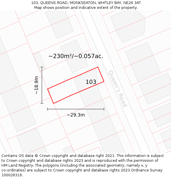 103, QUEENS ROAD, MONKSEATON, WHITLEY BAY, NE26 3AT: Plot and title map