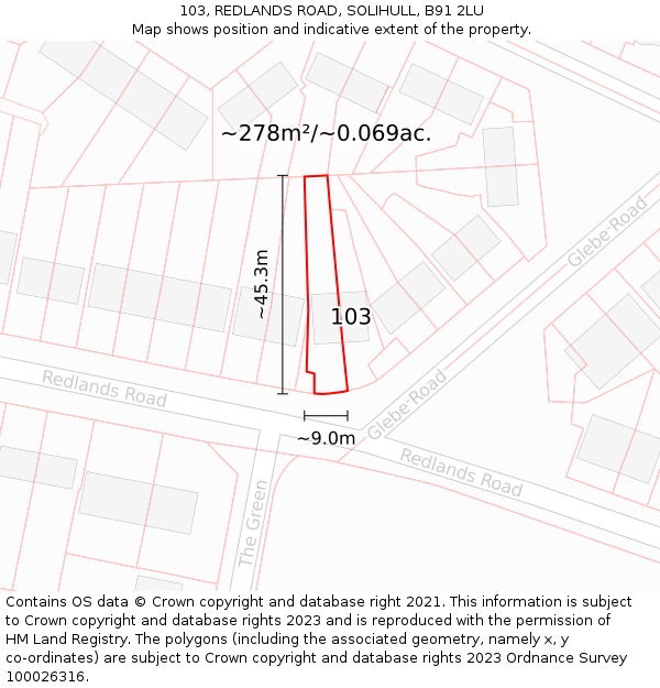 103, REDLANDS ROAD, SOLIHULL, B91 2LU: Plot and title map