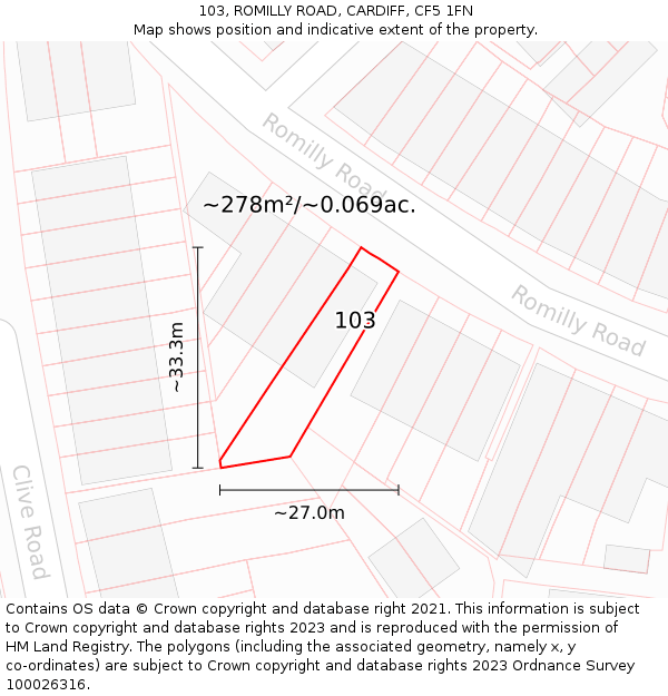103, ROMILLY ROAD, CARDIFF, CF5 1FN: Plot and title map