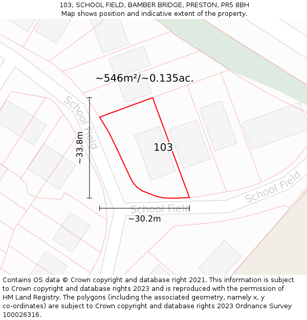 103, SCHOOL FIELD, BAMBER BRIDGE, PRESTON, PR5 8BH: Plot and title map