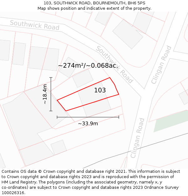 103, SOUTHWICK ROAD, BOURNEMOUTH, BH6 5PS: Plot and title map