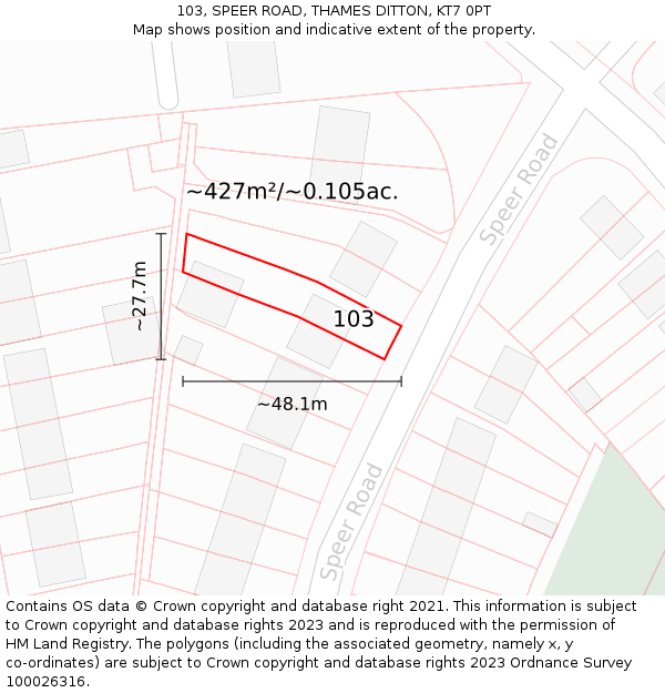 103, SPEER ROAD, THAMES DITTON, KT7 0PT: Plot and title map