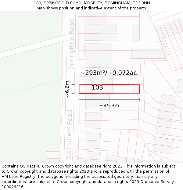 103, SPRINGFIELD ROAD, MOSELEY, BIRMINGHAM, B13 9NN: Plot and title map