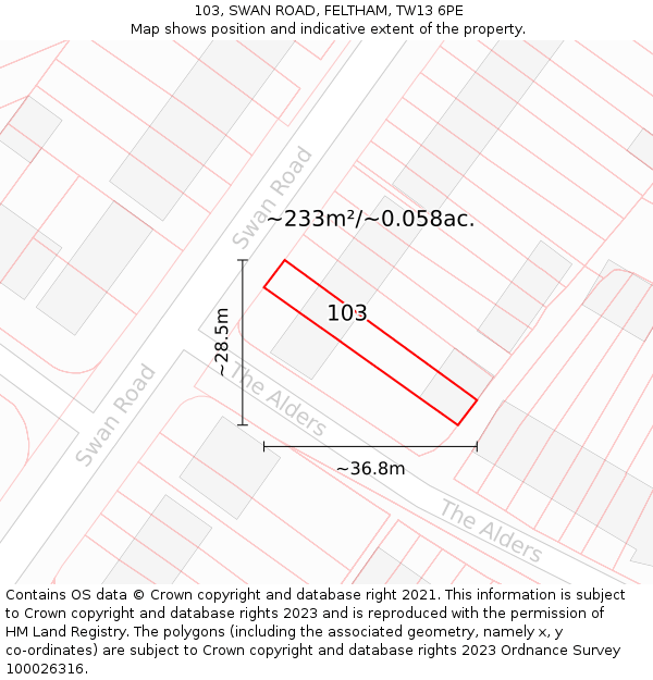 103, SWAN ROAD, FELTHAM, TW13 6PE: Plot and title map