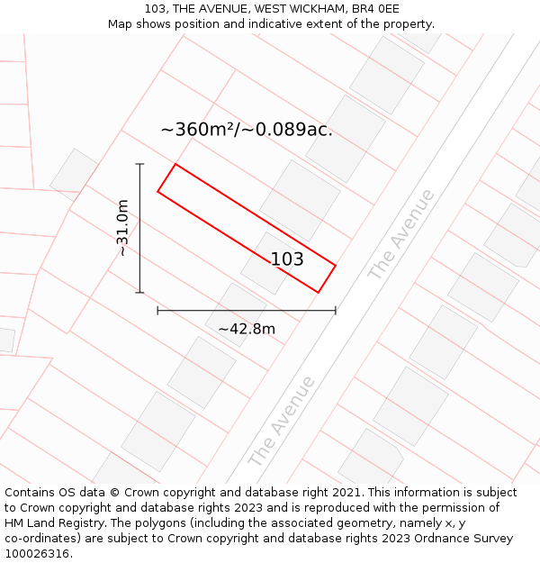 103, THE AVENUE, WEST WICKHAM, BR4 0EE: Plot and title map