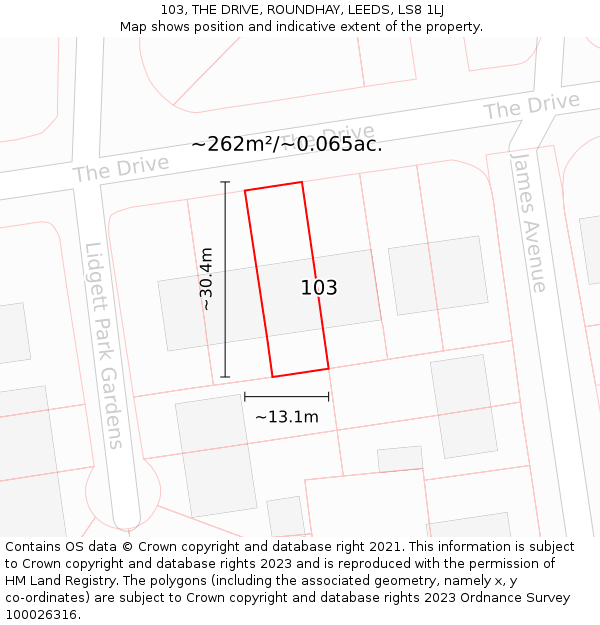 103, THE DRIVE, ROUNDHAY, LEEDS, LS8 1LJ: Plot and title map