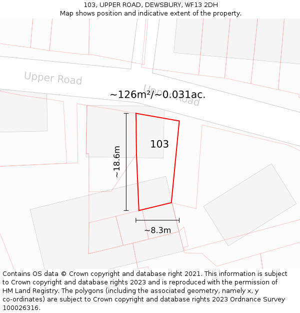 103, UPPER ROAD, DEWSBURY, WF13 2DH: Plot and title map