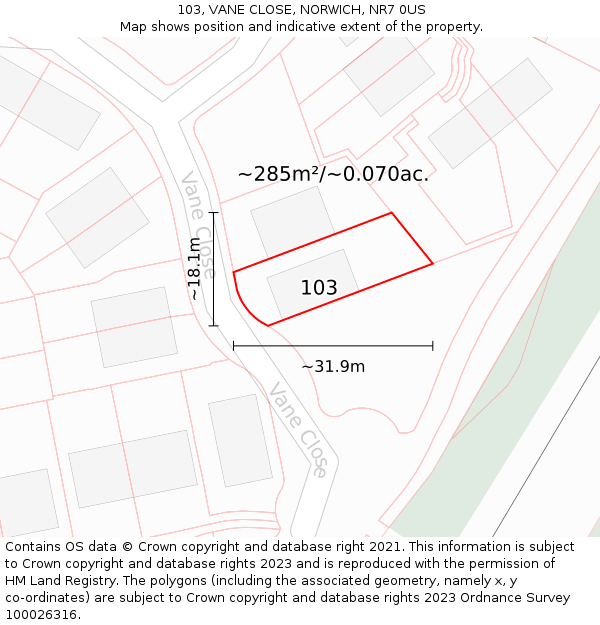 103, VANE CLOSE, NORWICH, NR7 0US: Plot and title map