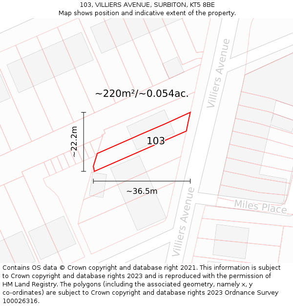 103, VILLIERS AVENUE, SURBITON, KT5 8BE: Plot and title map