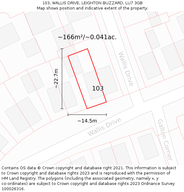 103, WALLIS DRIVE, LEIGHTON BUZZARD, LU7 3GB: Plot and title map
