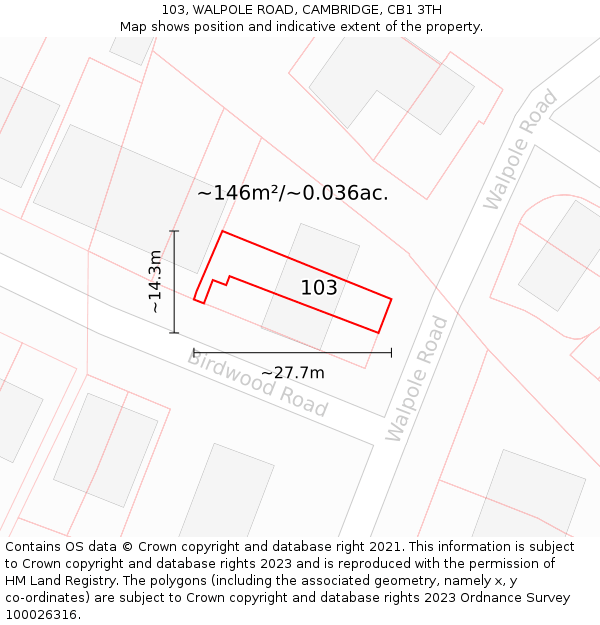 103, WALPOLE ROAD, CAMBRIDGE, CB1 3TH: Plot and title map