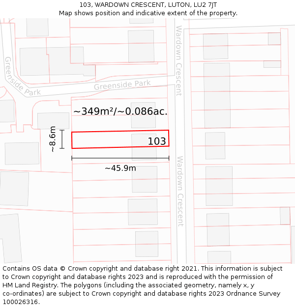 103, WARDOWN CRESCENT, LUTON, LU2 7JT: Plot and title map