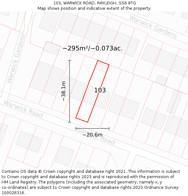 103, WARWICK ROAD, RAYLEIGH, SS6 8TG: Plot and title map