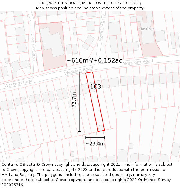 103, WESTERN ROAD, MICKLEOVER, DERBY, DE3 9GQ: Plot and title map