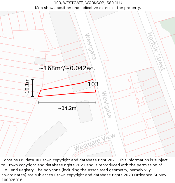 103, WESTGATE, WORKSOP, S80 1LU: Plot and title map