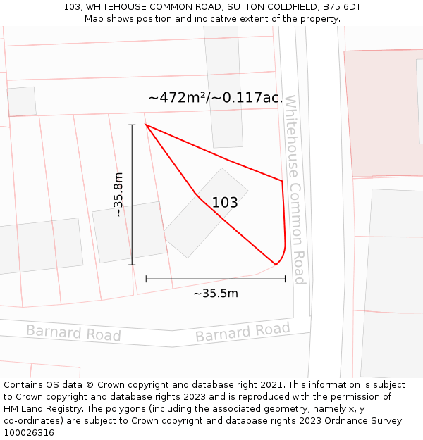103, WHITEHOUSE COMMON ROAD, SUTTON COLDFIELD, B75 6DT: Plot and title map