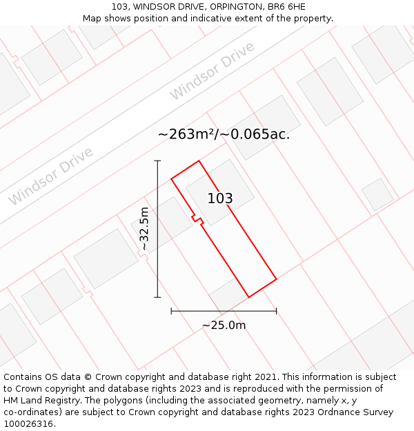 103, WINDSOR DRIVE, ORPINGTON, BR6 6HE: Plot and title map