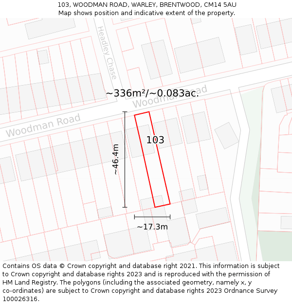 103, WOODMAN ROAD, WARLEY, BRENTWOOD, CM14 5AU: Plot and title map