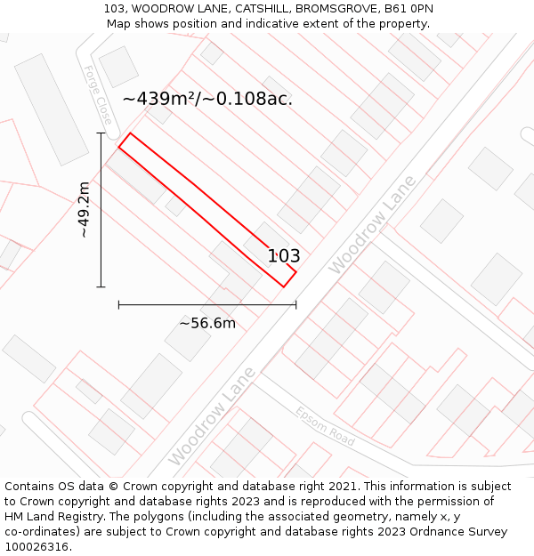 103, WOODROW LANE, CATSHILL, BROMSGROVE, B61 0PN: Plot and title map