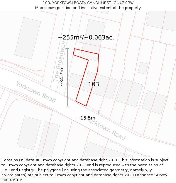 103, YORKTOWN ROAD, SANDHURST, GU47 9BW: Plot and title map