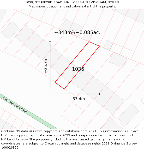 1036, STRATFORD ROAD, HALL GREEN, BIRMINGHAM, B28 8BJ: Plot and title map