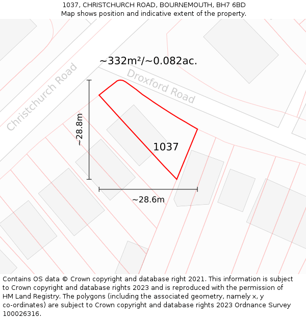 1037, CHRISTCHURCH ROAD, BOURNEMOUTH, BH7 6BD: Plot and title map