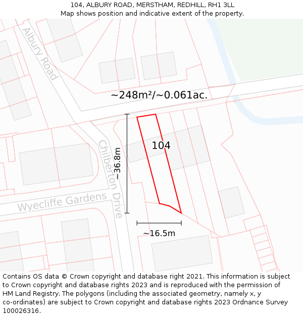 104, ALBURY ROAD, MERSTHAM, REDHILL, RH1 3LL: Plot and title map